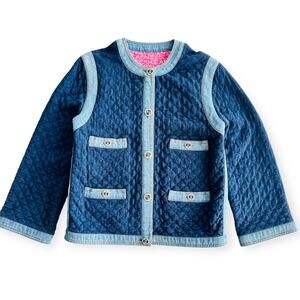 CHANEL Spring 2020 Navy Denim Quilted Jacket Size 36 CC Logo Crystal Button